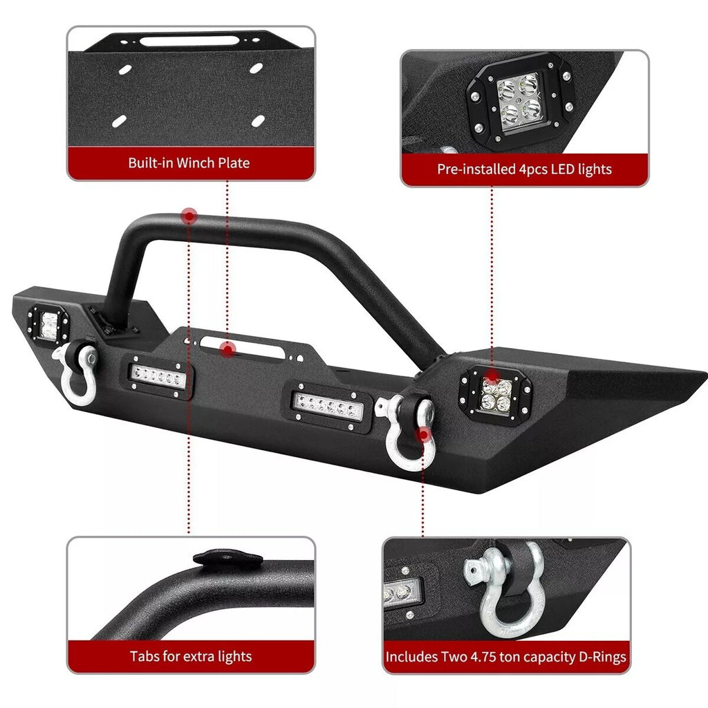 YITAMOTOR® for 1987-2006 Jeep Wrangler TJ YJ Steel Front Bumper w/ Winch Plate & Led Lights