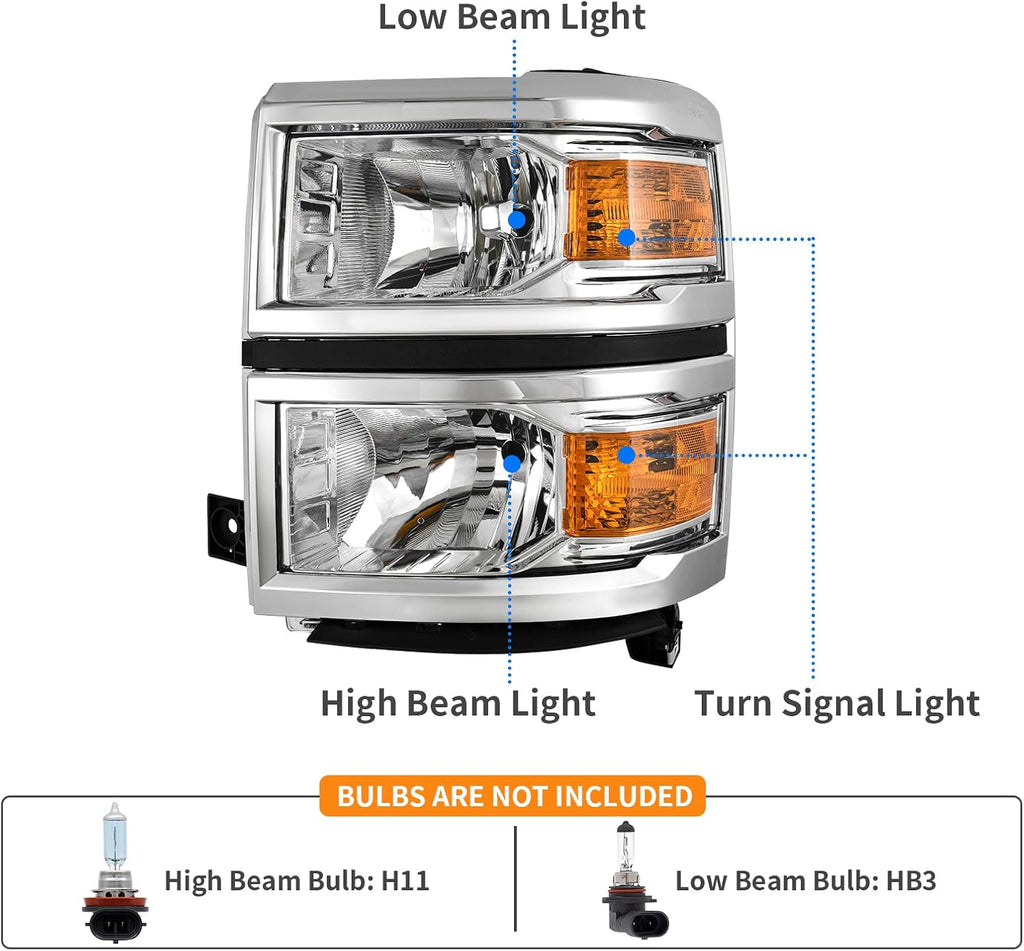 YITAMOTOR® Front Headlights Chrome Headlamps for 2014-2015 Chevy Silverado 1500 Amber Side