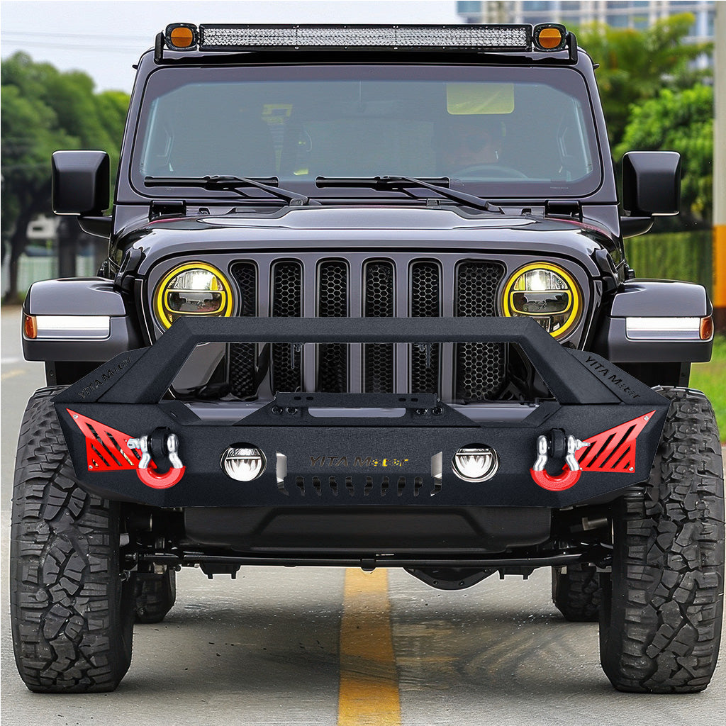 YITAMOTOR® Front Bumper Compatible with 2018-2024 Jeep Wrangler JL & Unlimited (2/4 Doors), 2020-2023 Gladiator JT w/Fog Light Holes & 2 x D-Rings & Winch Plate