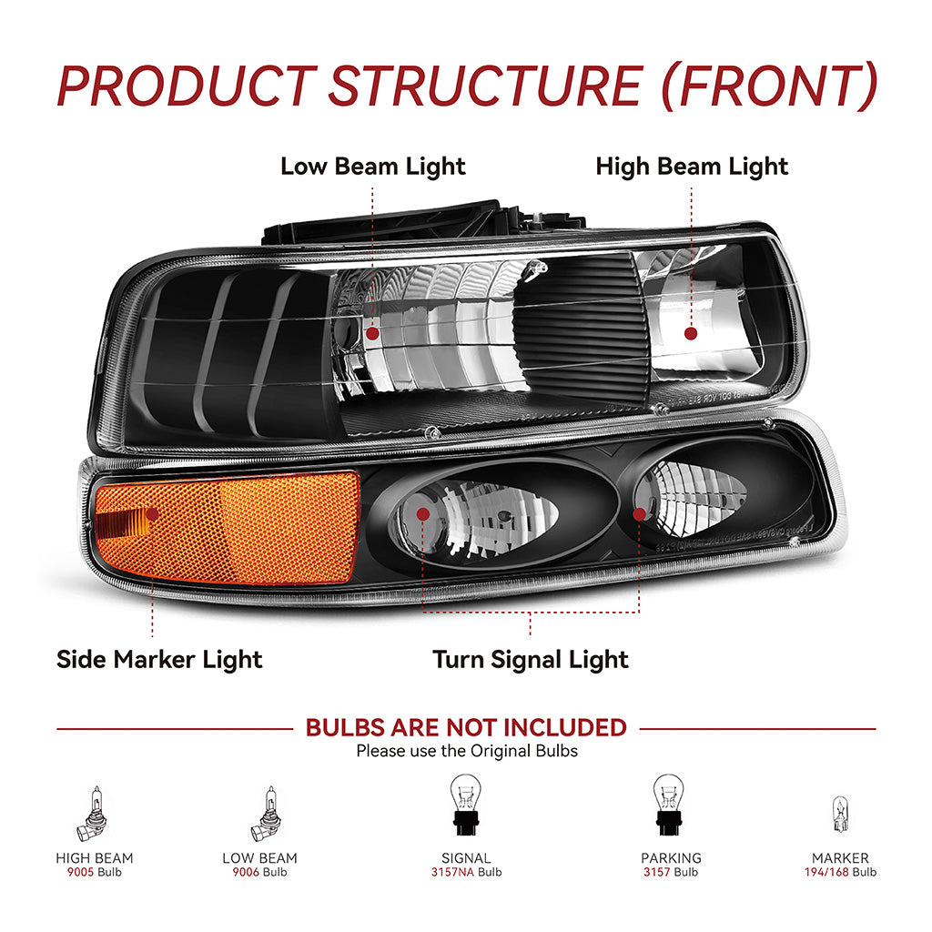 YITAMOTOR® 1999-2002 Chevy Silverado Faros delanteros + luces traseras LED negras