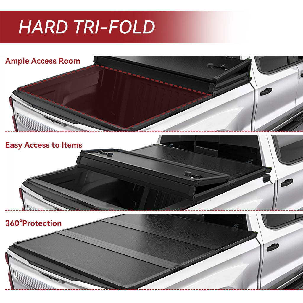 YITAMOTOR® 5 ft Truck Bed Tonneau Cover Hard 3-Fold for 2016-2023 Toyota Tacoma w/ Lamp