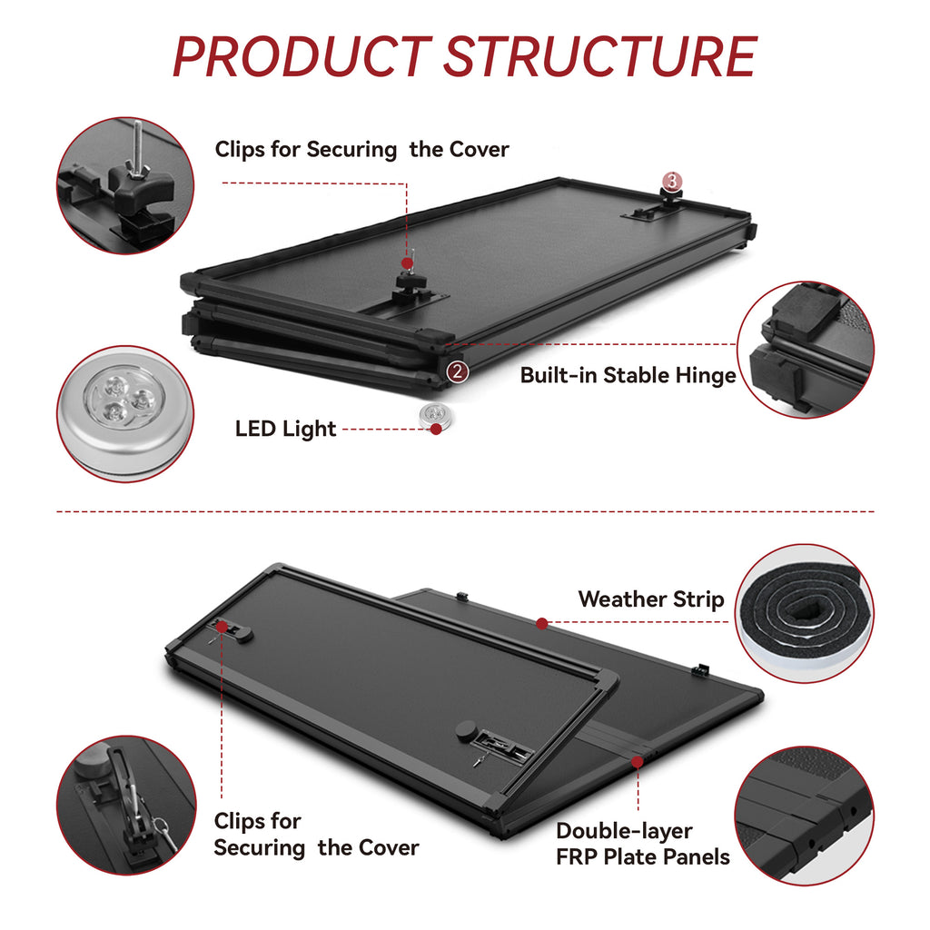 YITAMOTOR® Cubierta dura para caja de camioneta de 5 pies, 3 pliegues para Toyota Tacoma 2016-2023 con lámpara