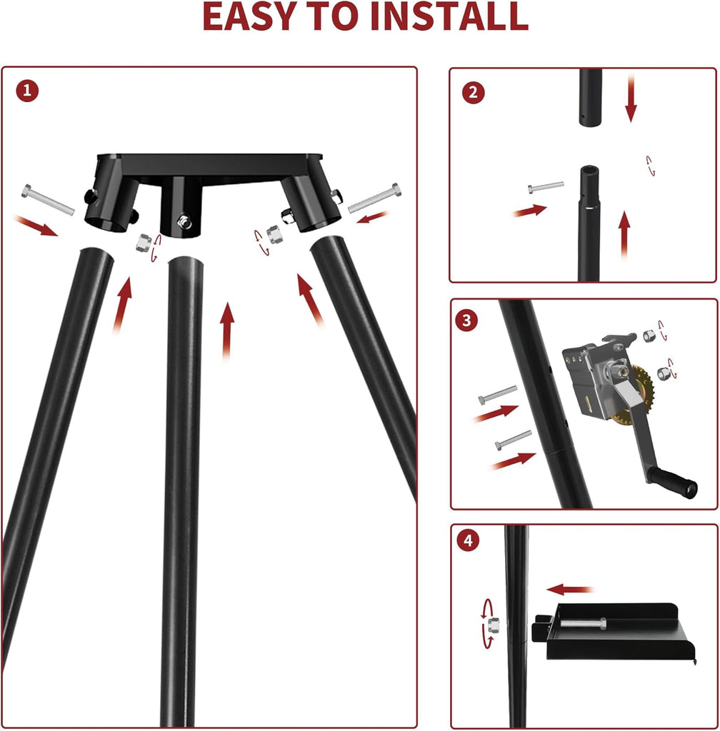 YITAMOTOR® 600lbs Tripod Game Hoist Deer Hanger, 3 Point Design Deer Hunting Skinning Rack, Complete Deer Tripod Hoist Kit with Gambrel & Manual Winch & Working Table for Hunting Season