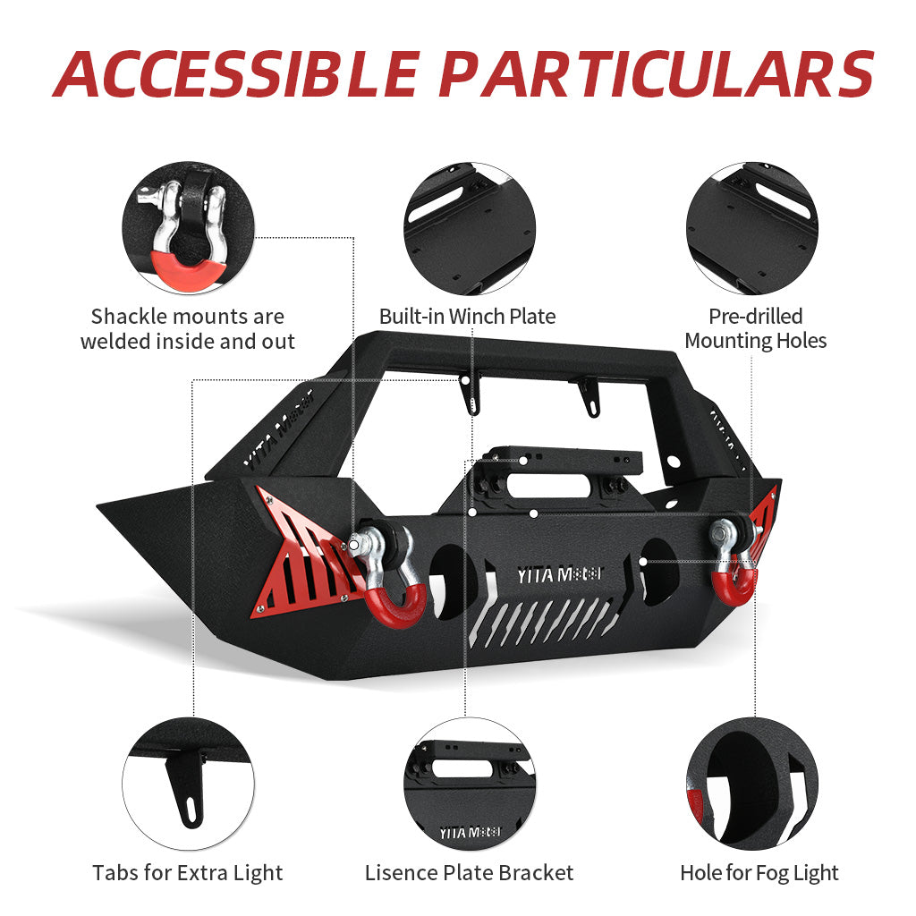 YITAMOTOR® Front Bumper Compatible with 2018-2024 Jeep Wrangler JL & Unlimited (2/4 Doors), 2020-2023 Gladiator JT w/Fog Light Holes & 2 x D-Rings & Winch Plate