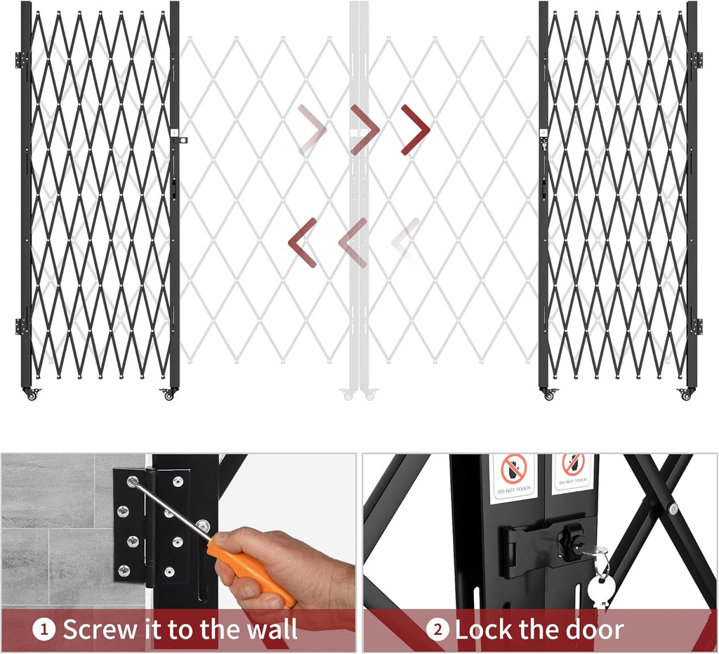 Double Folding Security Gate, 85" H x 150" W, Steel Accordion Design, 360° Rolling, Barricade Gate with Keys, Aluminium Mesh