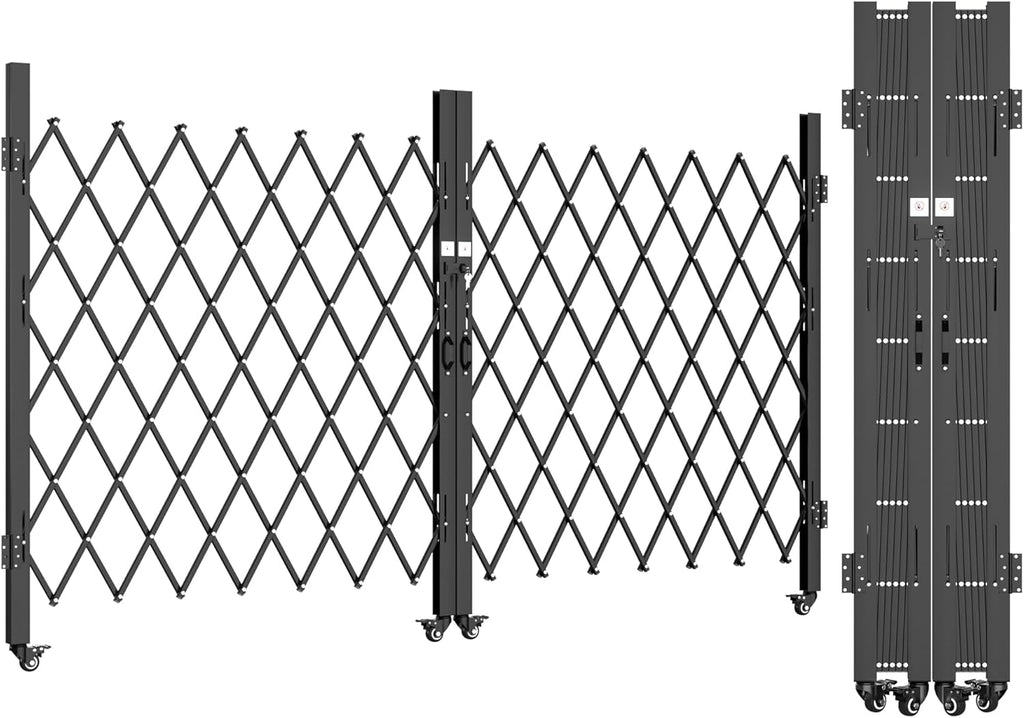 Double Folding Security Gate, 61" H x 130" W, Steel Accordion Design, 360° Rolling, Barricade Gate with Keys, Aluminium Mesh