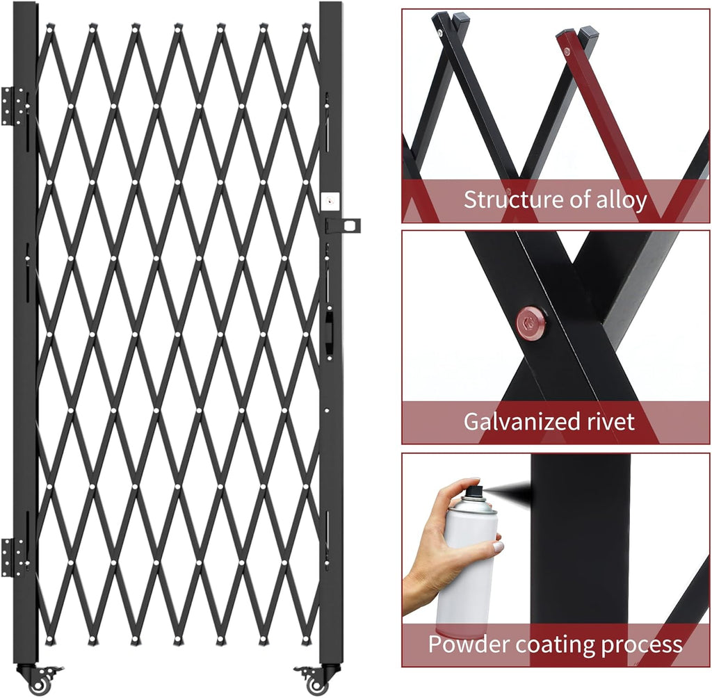 Double Folding Security Gate, 61" H x 130" W, Steel Accordion Design, 360° Rolling, Barricade Gate with Keys, Aluminium Mesh