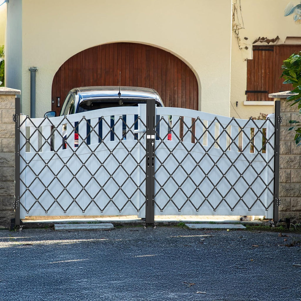 Double Folding Security Gate, 61" H x 130" W, Steel Accordion Design, 360° Rolling, Barricade Gate with Keys, Aluminium Mesh