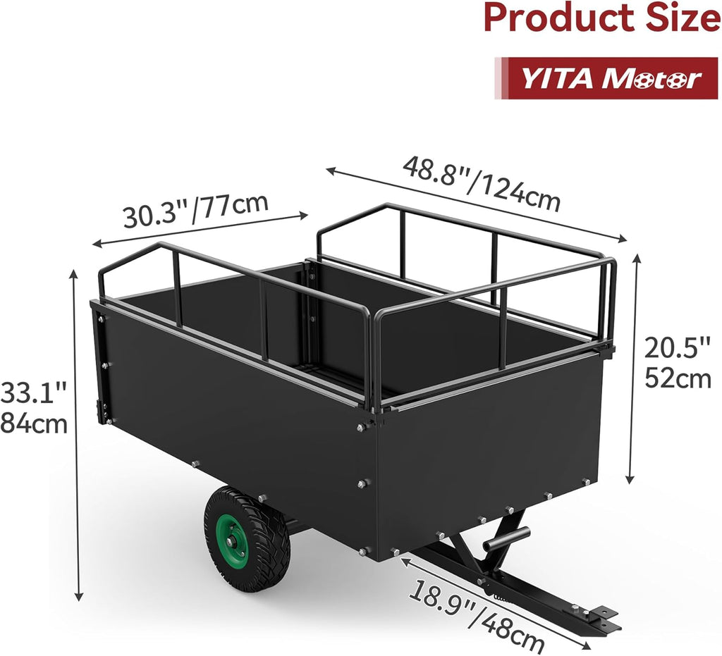 YITAMOTOR® Heavy Duty ATV Trailer Steel Tow Behind Dump Cart,750 lbs 15 Cubic Feet with Removable Sides for Riding Lawn Mower Tractor