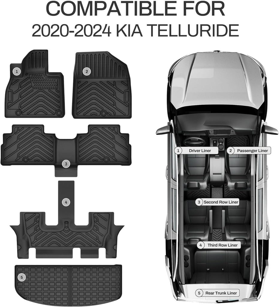 YITAMOTOR® Floor Mats Cargo Mats for 2020-2024 Kia Telluride 7 & 8 Seats Trunk Mat, All Weather TPE Custom Fit for Floor Liners Cargo Liner Heavy Duty Waterproof Car Mats Telluride Accessories, Black