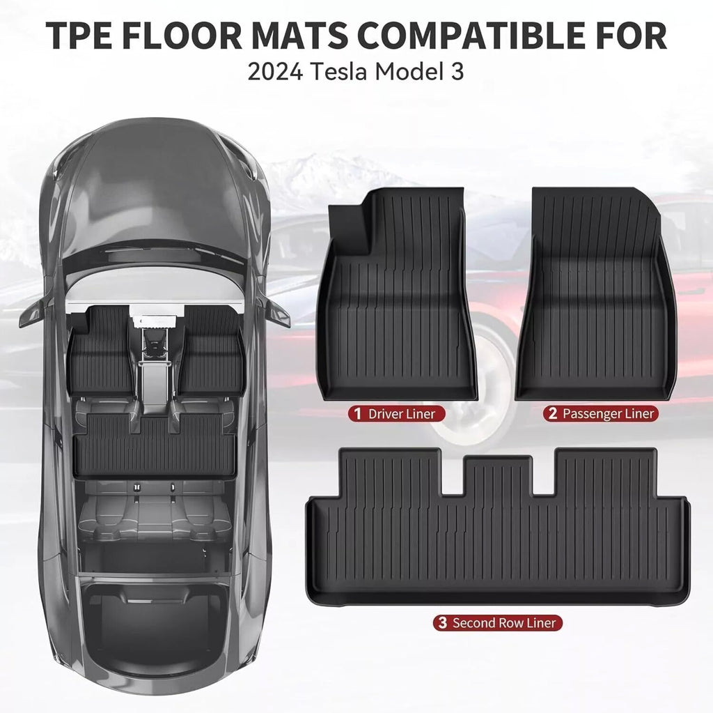 YITAMOTOR® 3D Molded All-Weather Floor Mats for 2024 Tesla Model 3 Highland, 3-Piece TPE Liners