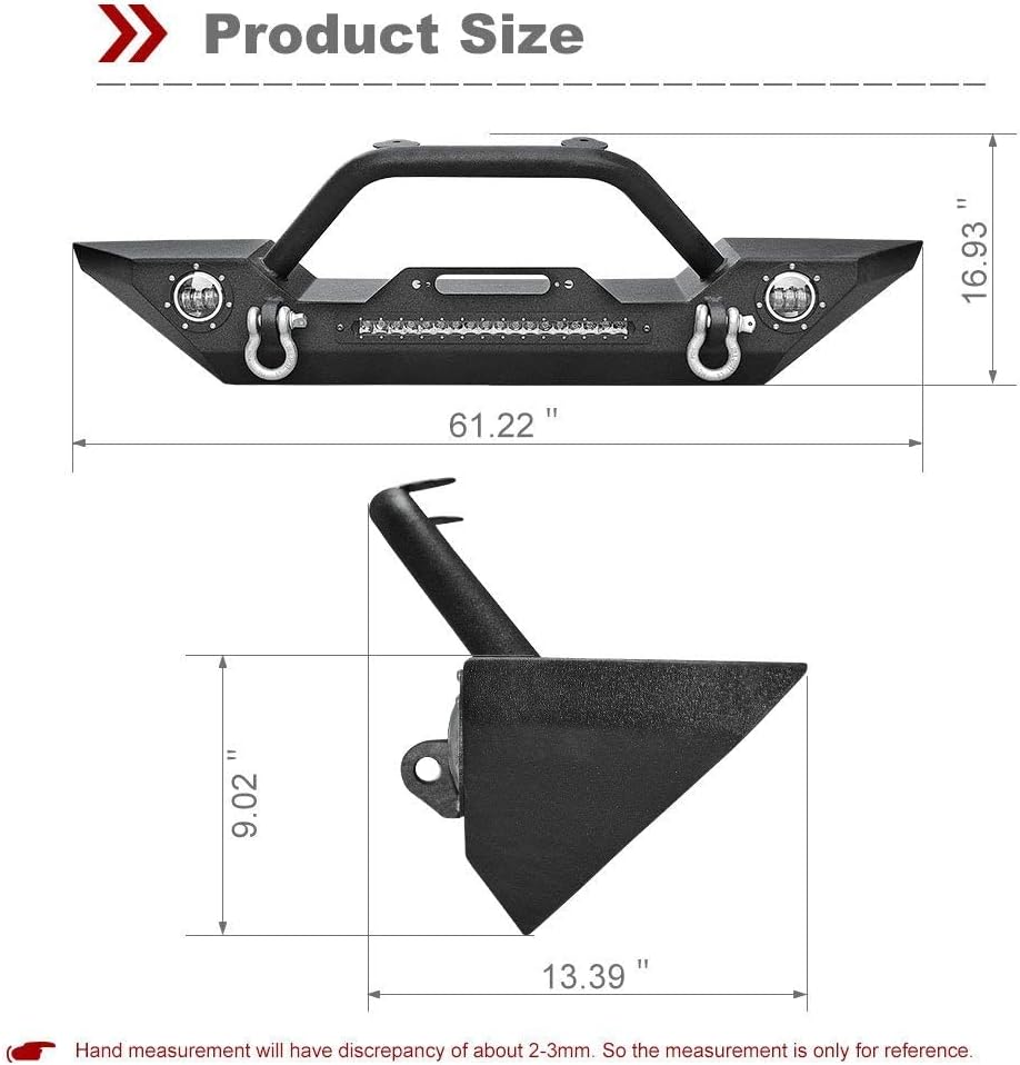 YITAMOTOR®  Rock Crawler Front Bumper Compatible with 07-18 Jeep Wrangler JK and JK Unlimited, Built-in 90W LED Light Bar w/ 2x 60W Fog Light, Wiring Harness, Winch Plate and D-rings Textured Black