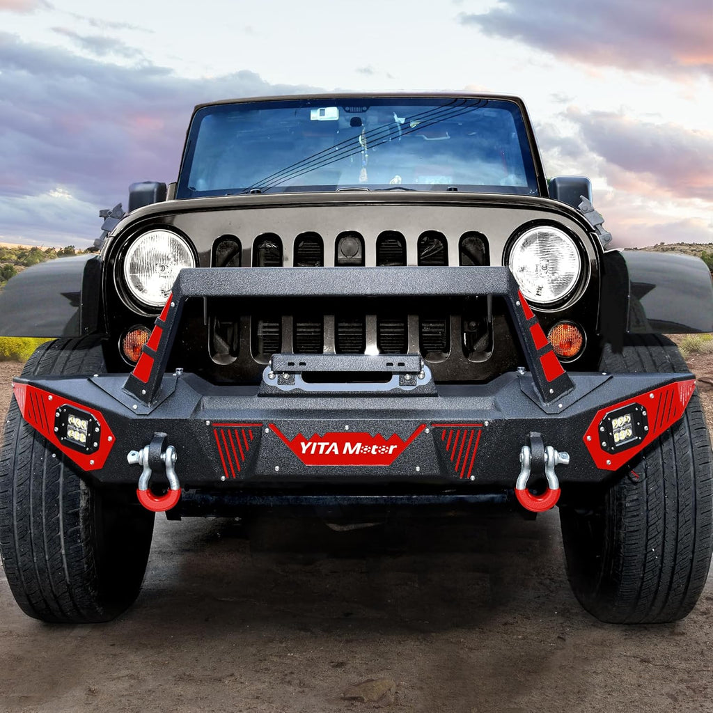 YITAMOTOR® Front Bumper Compatible with 2007-2018 Jeep Wrangler JK & JKU Unlimited, Rock Crawler Bumpers w/Winch Plate & License Plate Bracket & LED Lights & D-Rings & Paintable Trim