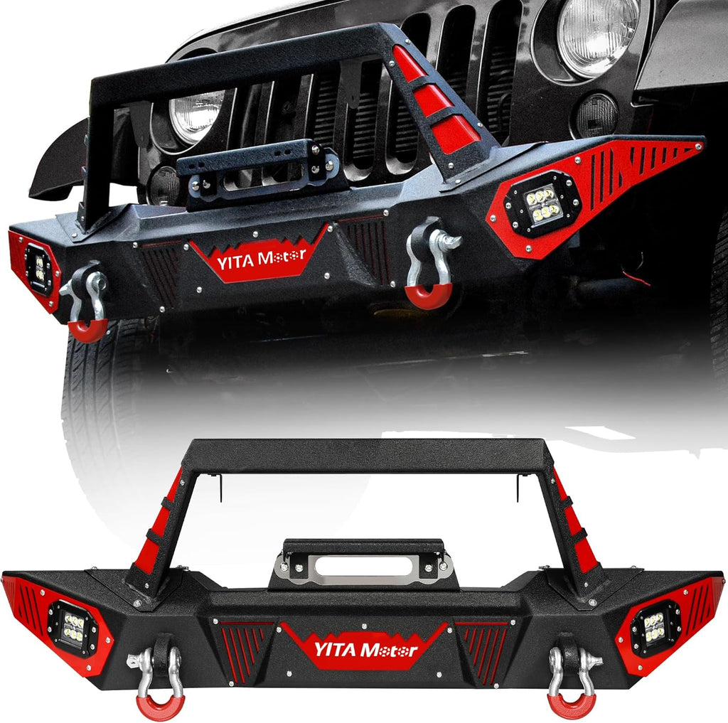 YITAMOTOR® Front Bumper Compatible with 2007-2018 Jeep Wrangler JK & JKU Unlimited, Rock Crawler Bumpers w/Winch Plate & License Plate Bracket & LED Lights & D-Rings & Paintable Trim