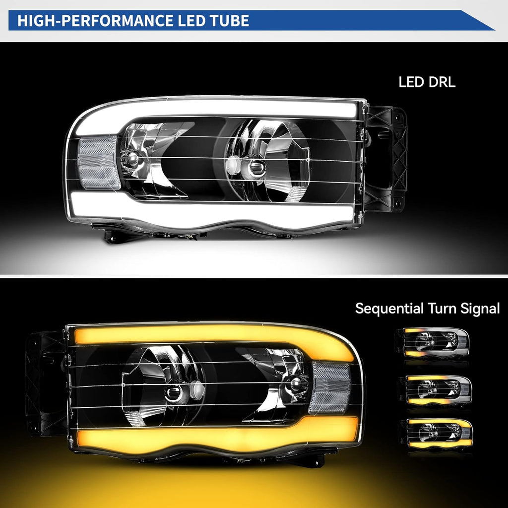 YITAMOTOR® Switchback Turn Signal & LED DRL Headlights Headlamps Compatible with 2002 2003 2004 2005 Dodge Ram 1500/03 04 05 Dodge Ram 2500 3500 Pickup Black Housing Clear Reflector Clear Lens