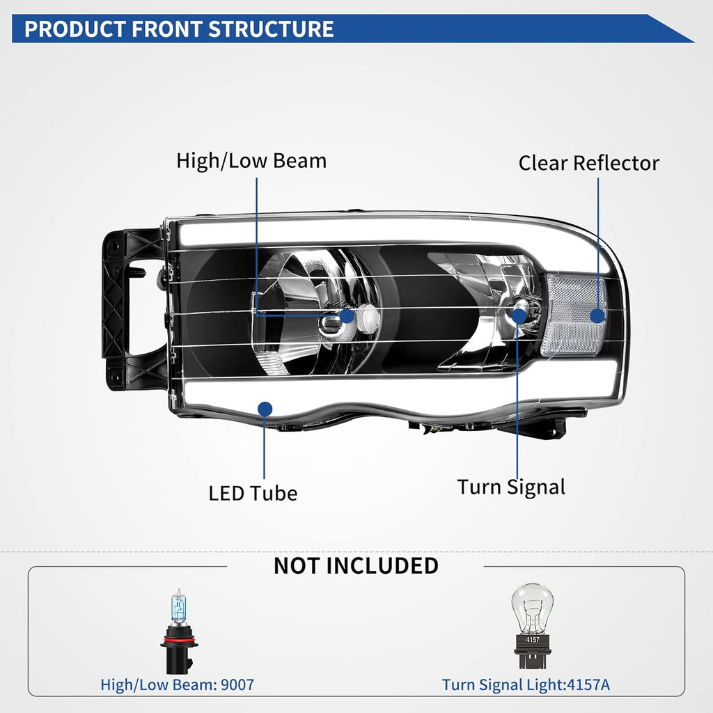 YITAMOTOR® Switchback Turn Signal & LED DRL Headlights Headlamps Compatible with 2002 2003 2004 2005 Dodge Ram 1500/03 04 05 Dodge Ram 2500 3500 Pickup Black Housing Clear Reflector Clear Lens