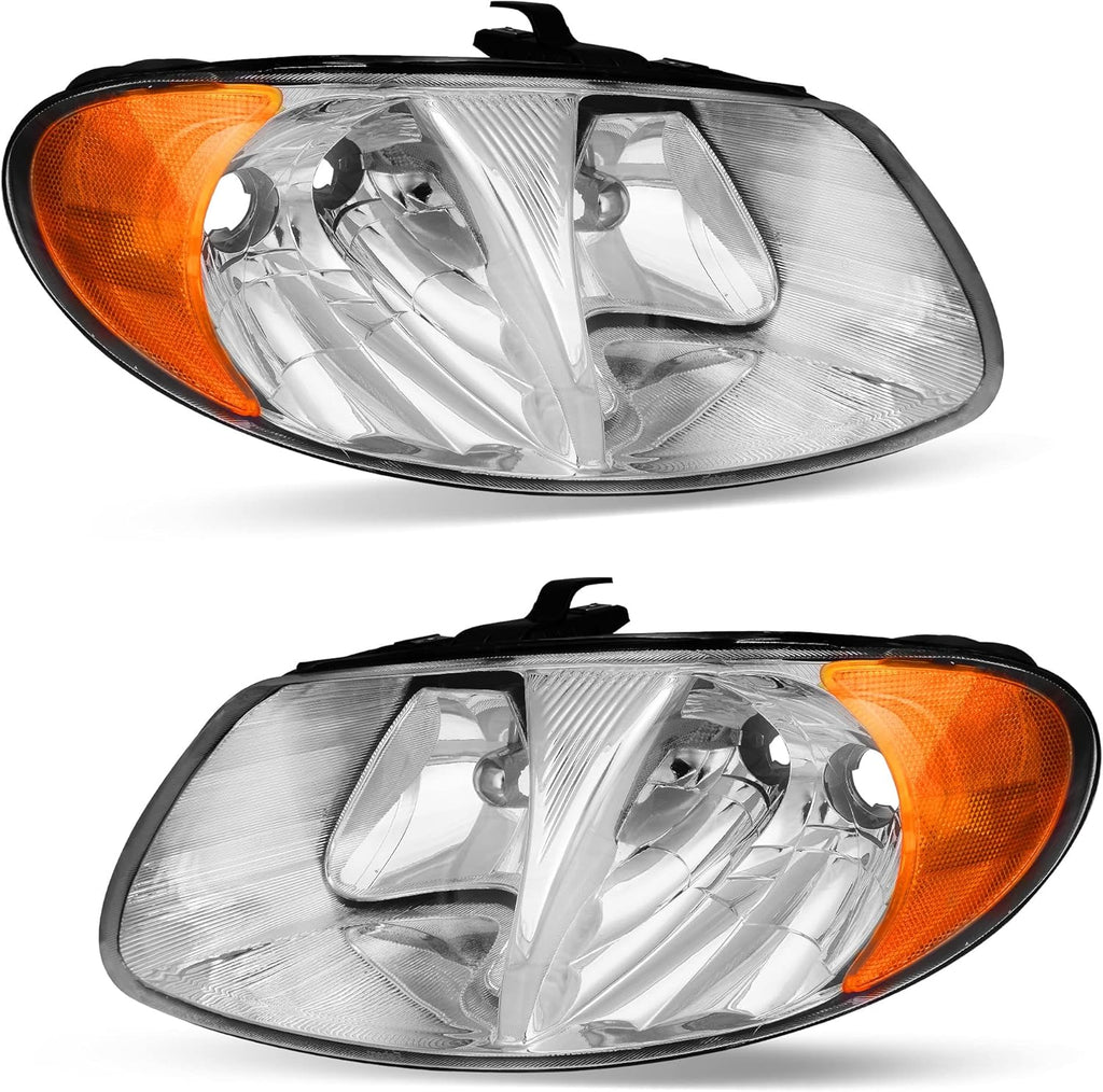 YITAMOTOR® Headlight Assembly Compatible with 2001-2007 Dodge Caravan / 01-07 Chrysler Town & Country Headlights w/ Amber Reflectors Chrome Housing Headlamps