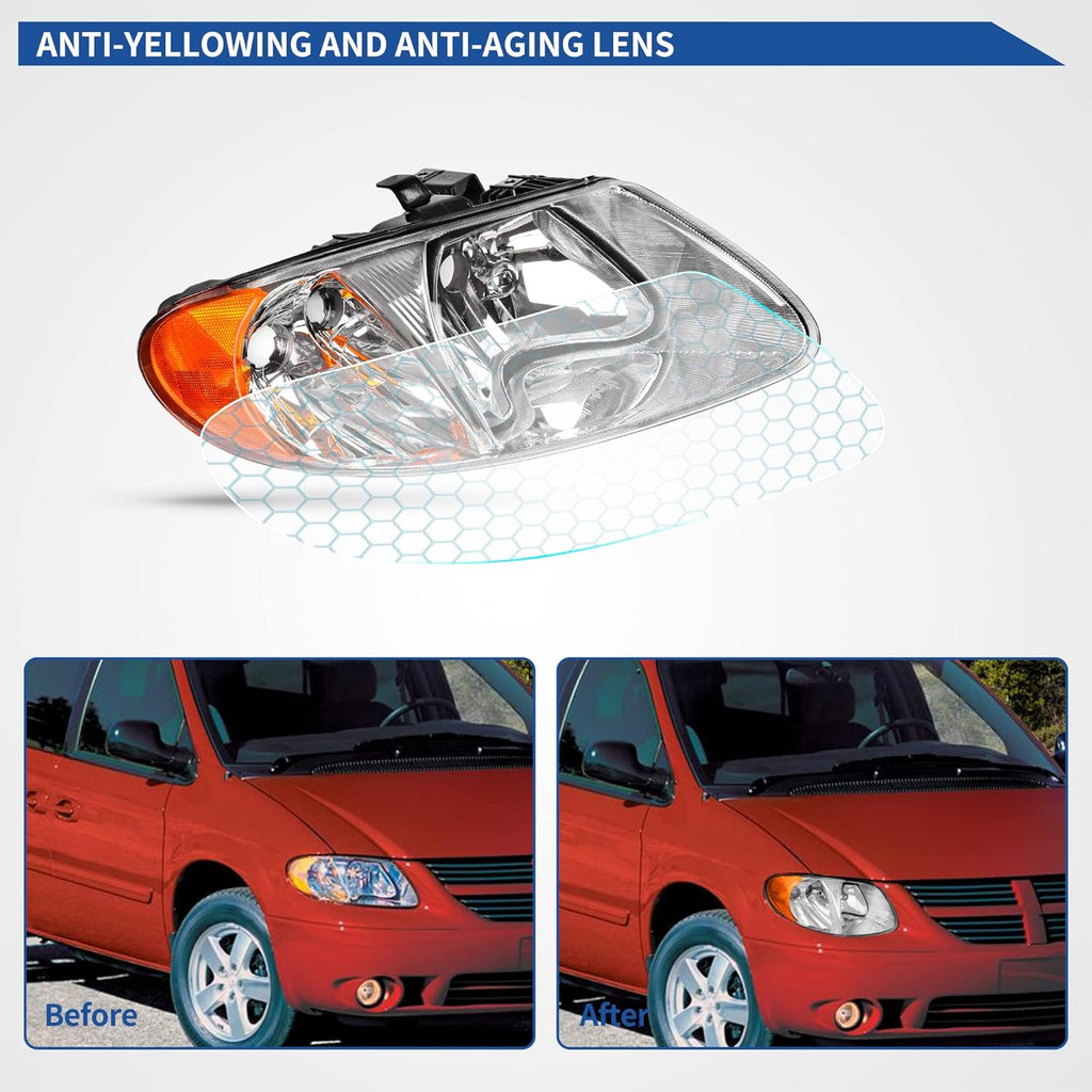 YITAMOTOR® Headlight Assembly Compatible with 2001-2007 Dodge Caravan / 01-07 Chrysler Town & Country Headlights w/ Amber Reflectors Chrome Housing Headlamps