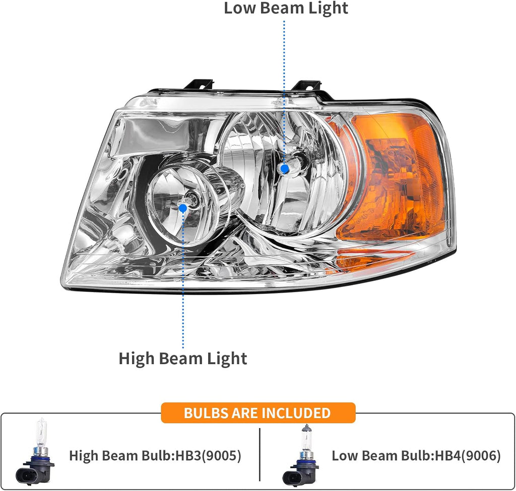 YITAMOTOR® Headlight Assembly Compatible with 2003 2004 2005 2006 Ford Expedition (Chrome Housing Clear Lens)