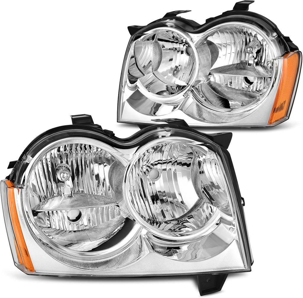 YITAMOTOR® Headlight Assembly Compatible with 2005 2006 2007 Jeep Grand Cherokee Headlamp Passenger and Driver Side Chrome Housing Clear Lens Amber Reflector