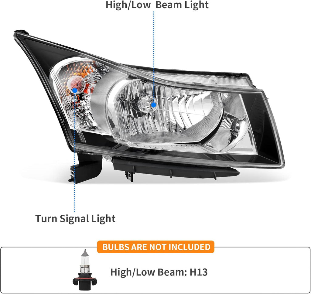 YITAMOTOR® Headlight Assembly Compatible with 2011-2015 Chevy Cruze, 2016 Chevy Cruze Limited Black Housing