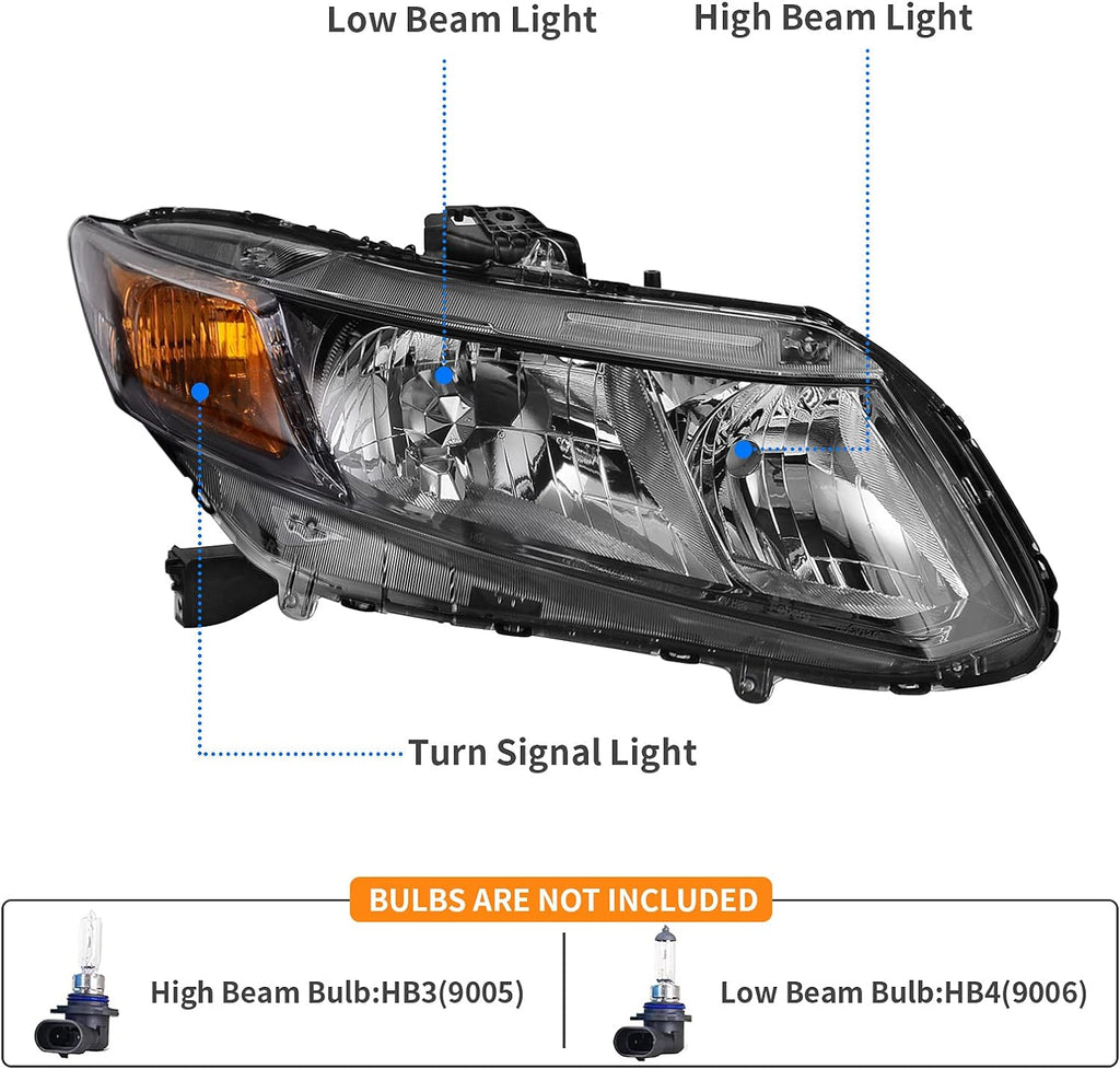 YITAMOTOR® Headlight Assembly Compatible with 2012 2013 2014 2015 civic (Sedan 4-Door Model) / 12-13 Civic (Coupe 2-Door Model) Black Housing