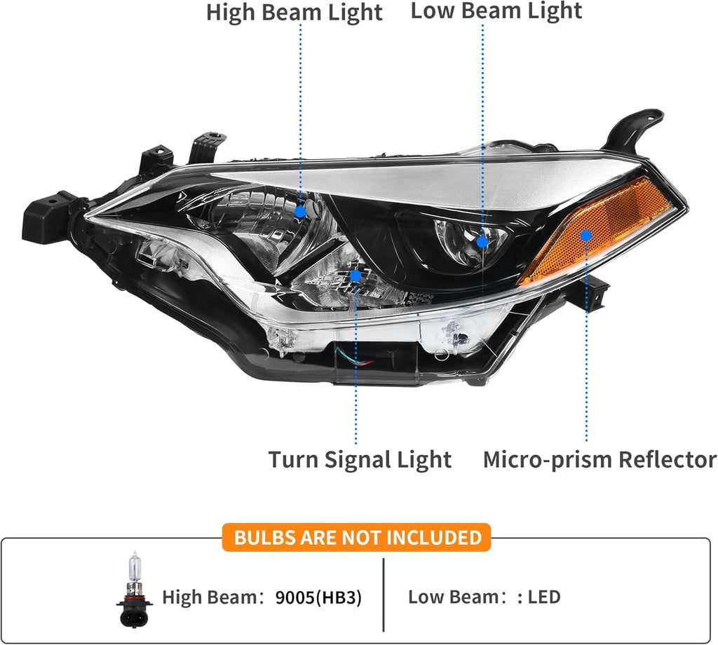 YITAMOTOR® Headlight Assembly Compatible with 2014 2015 2016 Toyota Corolla Replacement Headlamp Chrome Housing Left and Right Set