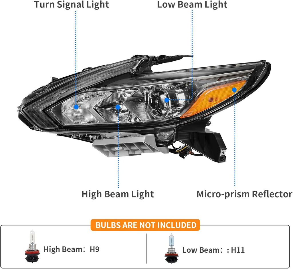 YITAMOTOR® Headlight Assembly Compatible with 2016-2018 Nissan Altima Replacement Headlamp Chrome Housing Left and Right Set