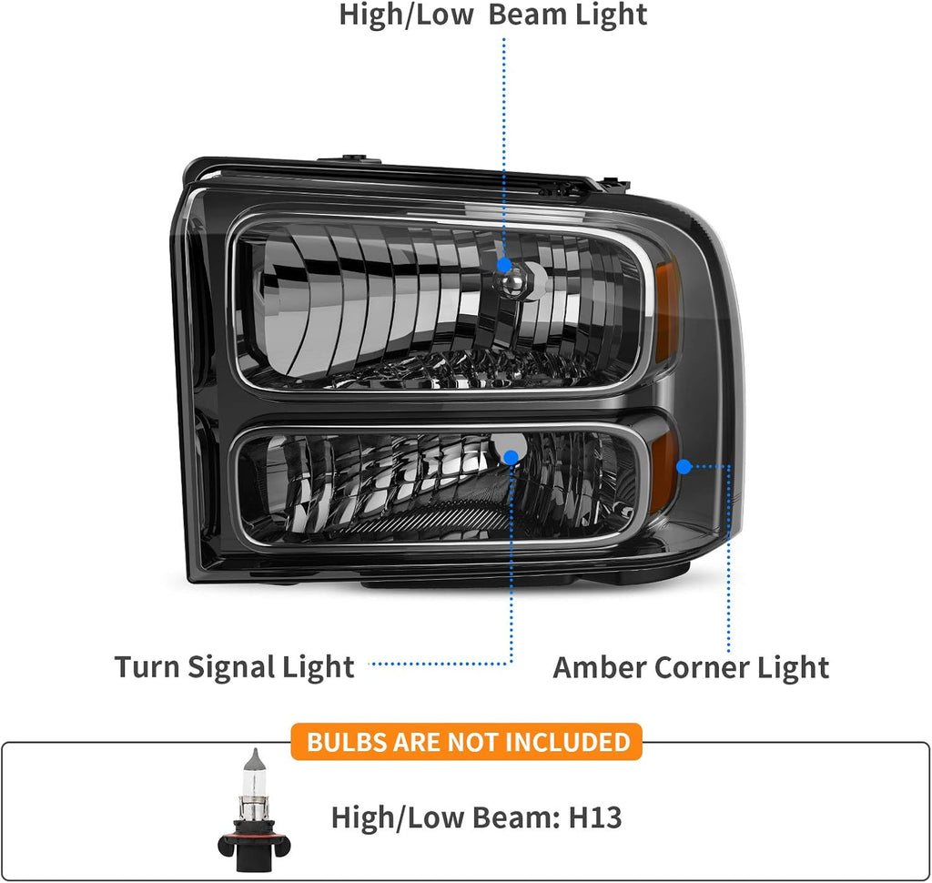 YITAMOTOR® Headlights Assembly Compatible with 2005-2007 Ford F250 F350 F450 F550 Super Duty/ 2005 Ford Excursion Chrome Housing Smoke Lens