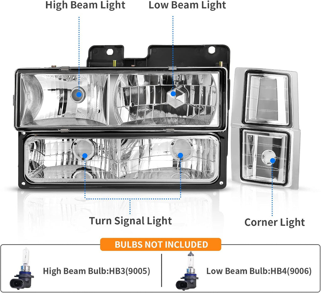 YITAMOTOR® 1994-1999 Chevy C/K Pickup + luces de esquina + luces laterales faros delanteros cromados 