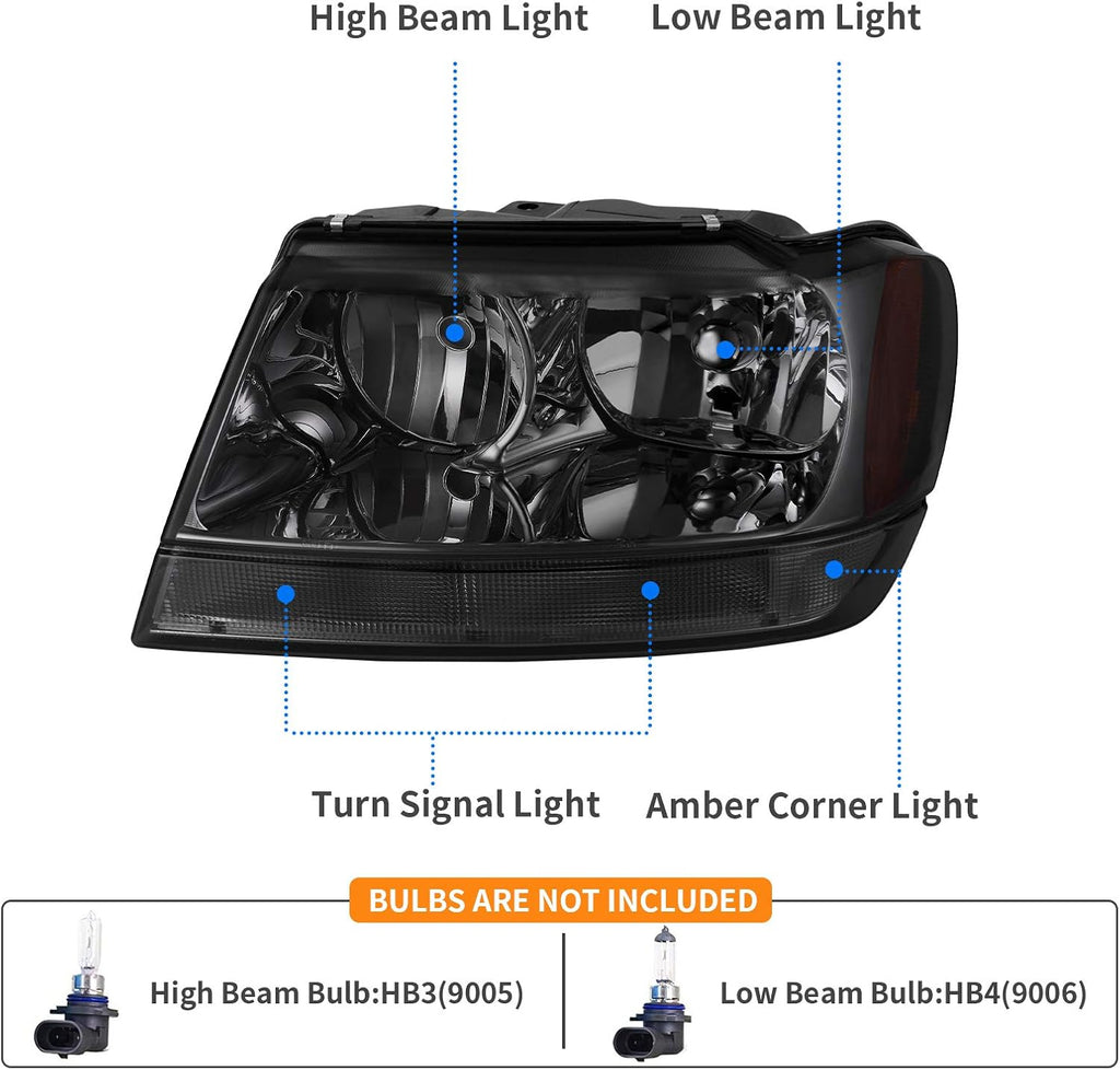 YITAMOTOR® Headlights Assembly Compatible with 1999 2000 2001 2002 2003 2004 Grand Cherokee Replacement OE Headlamp Amber Reflector Smoke Lens Driver and Passenger Side