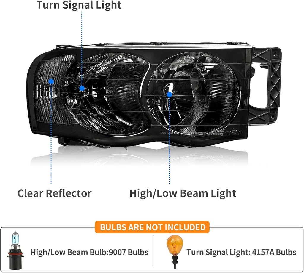 YITAMOTOR® Headlights Assembly Replacement Compatible with 2002 2003 2004 2005 Dodge Ram 1500 Pickup 03 04 05 Dodge Ram 2500 3500 Pickup Smoke Lens