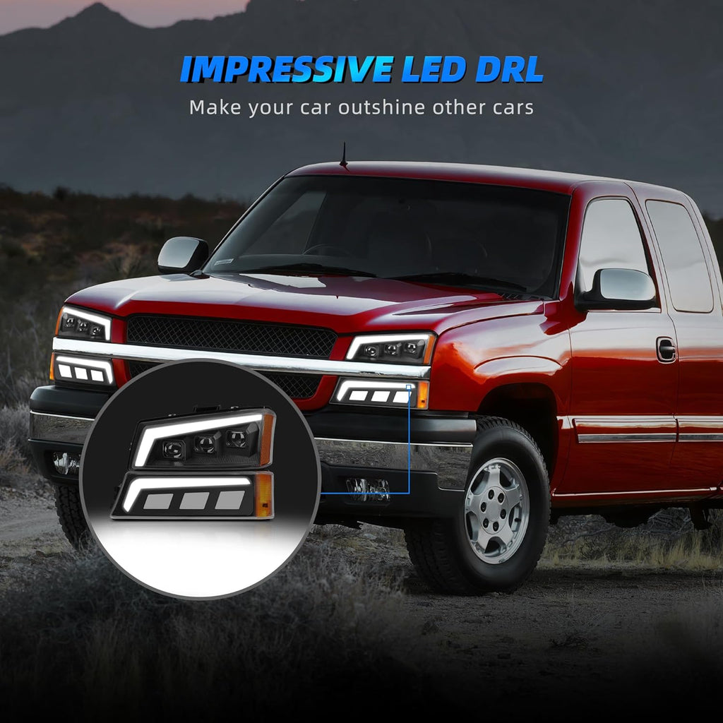 YITAMOTOR® LED Headlights Assembly with DRL Turn Signal High/Low Sealed Beam Side Marker Light Compatible with 2003 2004 2005 2006 Chevy Silverado Avalanche