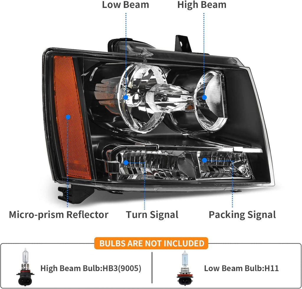 YITAMOTOR® Headlights Assembly Compatible with 2007-2014 Chevy Tahoe Chevrolet Suburban /2007-2013 Chevy Avalanche OE Halogen Model Replacement Headlamps Black Housing Amber Reflector Clear Lens