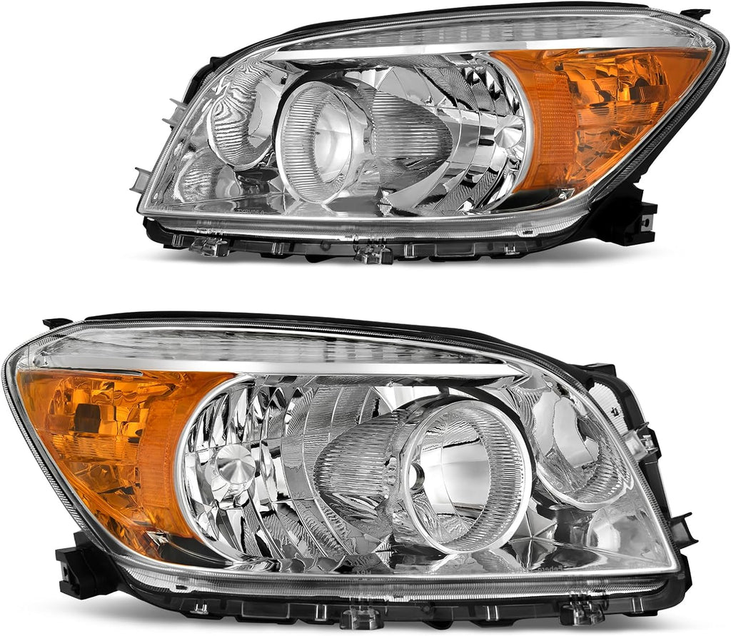 YITAMOTOR® Headlights Assembly Pair Compatible with 2006 2007 2008 Toyota RAV4 Headlamps Aftermarket Replacement Chrome Housing Amber Reflector Clear Lens