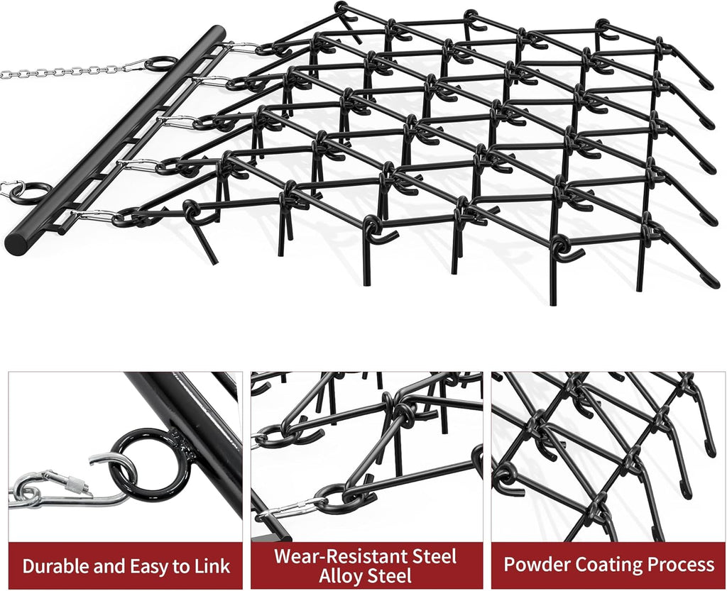 YITAMOTOR® 5 x 4.5 FT Heavy Duty Drag Harrow 1/2" Tines for ATV, UTVs, Lawn Tractors Leveling, Grading, Pastures, Breaking up Soil, BLACK