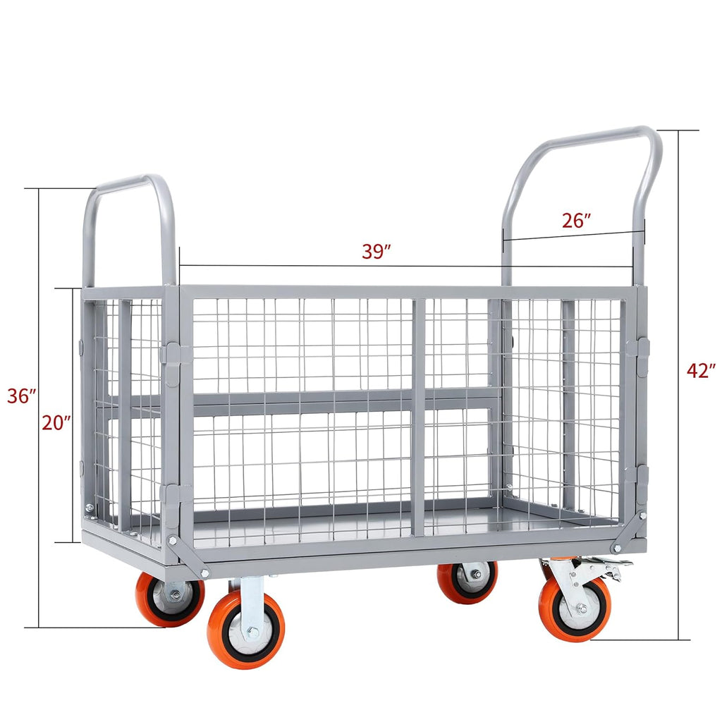 YITAMOTOR® 2000lbs Platform Truck Cart with Cage, 6-in-1 Foldable Heavy Duty Hand Truck Flatbed Cart with 6" Swivel Casters, Multi-Functional Push Dolly for Grocery, Laundry, Warehouse, Storage