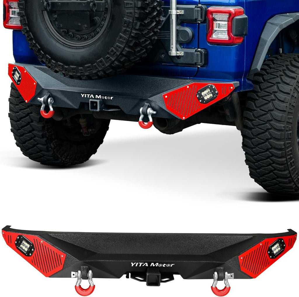 YITAMOTOR® Rear Bumper Compatible with Jeep Wrangler 2018-2024 Jeep Wrangler JL & Unlimited (2/4 Doors), Off Road Back Bumpers w/ 2" Hitch Receiver, D-Rings & 2x Square LED Lights, Textured Black