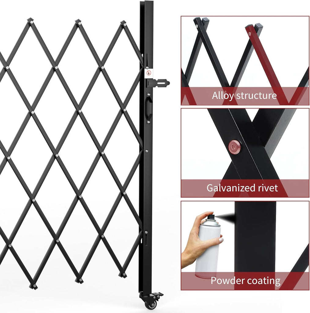 Single Folding Security Gate, 50" H x 75" W, Steel Accordion Design, 360° Rolling, Scissor Gate with Padlock, Aluminium Mesh