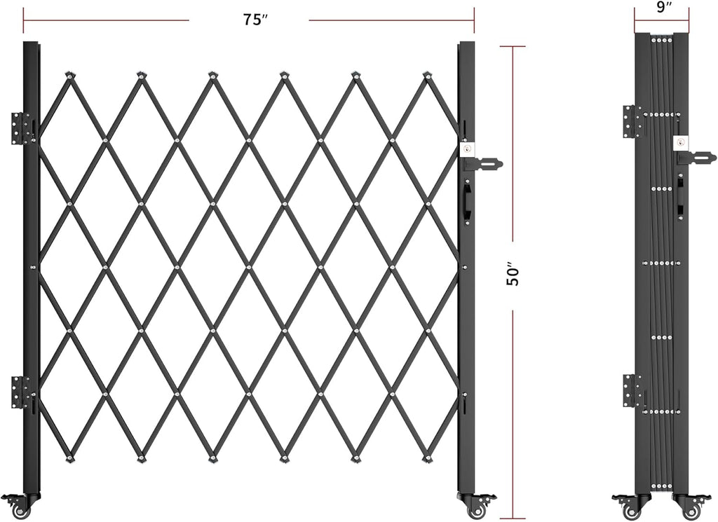 Single Folding Security Gate, 50" H x 75" W, Steel Accordion Design, 360° Rolling, Scissor Gate with Padlock, Aluminium Mesh