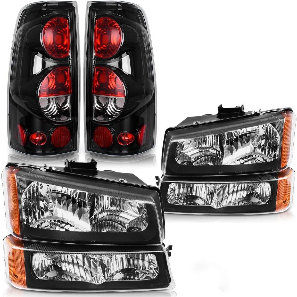 BLACK Headlights+Bumper Lamps+Tail Light Set for 2003-2006 Chevy