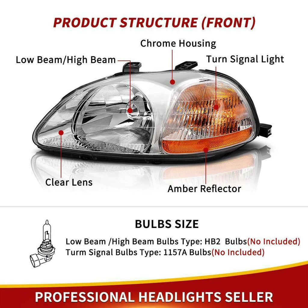 YITAMOTOR® 1996-1998 Honda Civic Headlight Assembly Chrome Housing Amber Reflector Clear Lens - YITAMotor